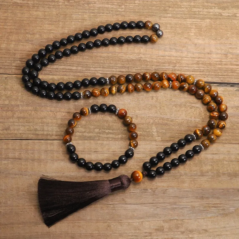 Natural stone necklace tiger eye 8mm bead, japamala 108 necklace