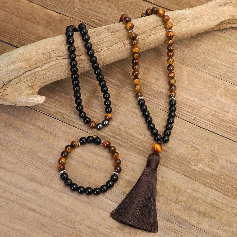 Natural stone necklace tiger eye 8mm bead, japamala 108 necklace