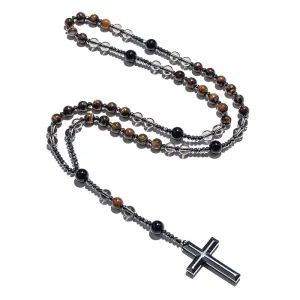 Natural Tiger Eye Smoke Quartz Beaded Catholic Christian Rosary Necklace Cross Pendant