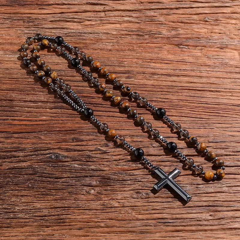 Natural Tiger Eye Smoke Quartz Beaded Catholic Christian Rosary Necklace Cross Pendant