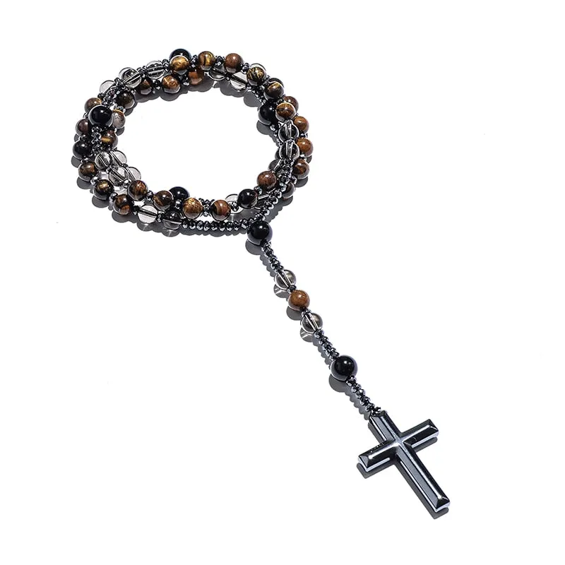 Natural Tiger Eye Smoke Quartz Beaded Catholic Christian Rosary Necklace Cross Pendant