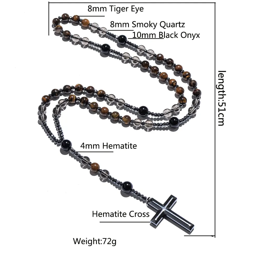 Natural Tiger Eye Smoke Quartz Beaded Catholic Christian Rosary Necklace Cross Pendant