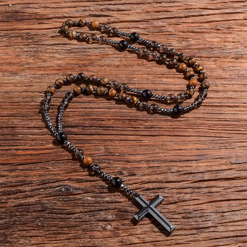 Natural Tiger Eye Smoke Quartz Beaded Catholic Christian Rosary Necklace Cross Pendant