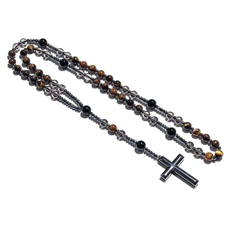 Natural Tiger Eye Smoke Quartz Beaded Catholic Christian Rosary Necklace Cross Pendant