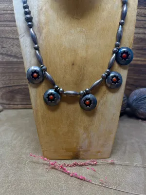 Navajo Pearl Necklace with 5 Coral Snake Eyes Shadow Box Pendants