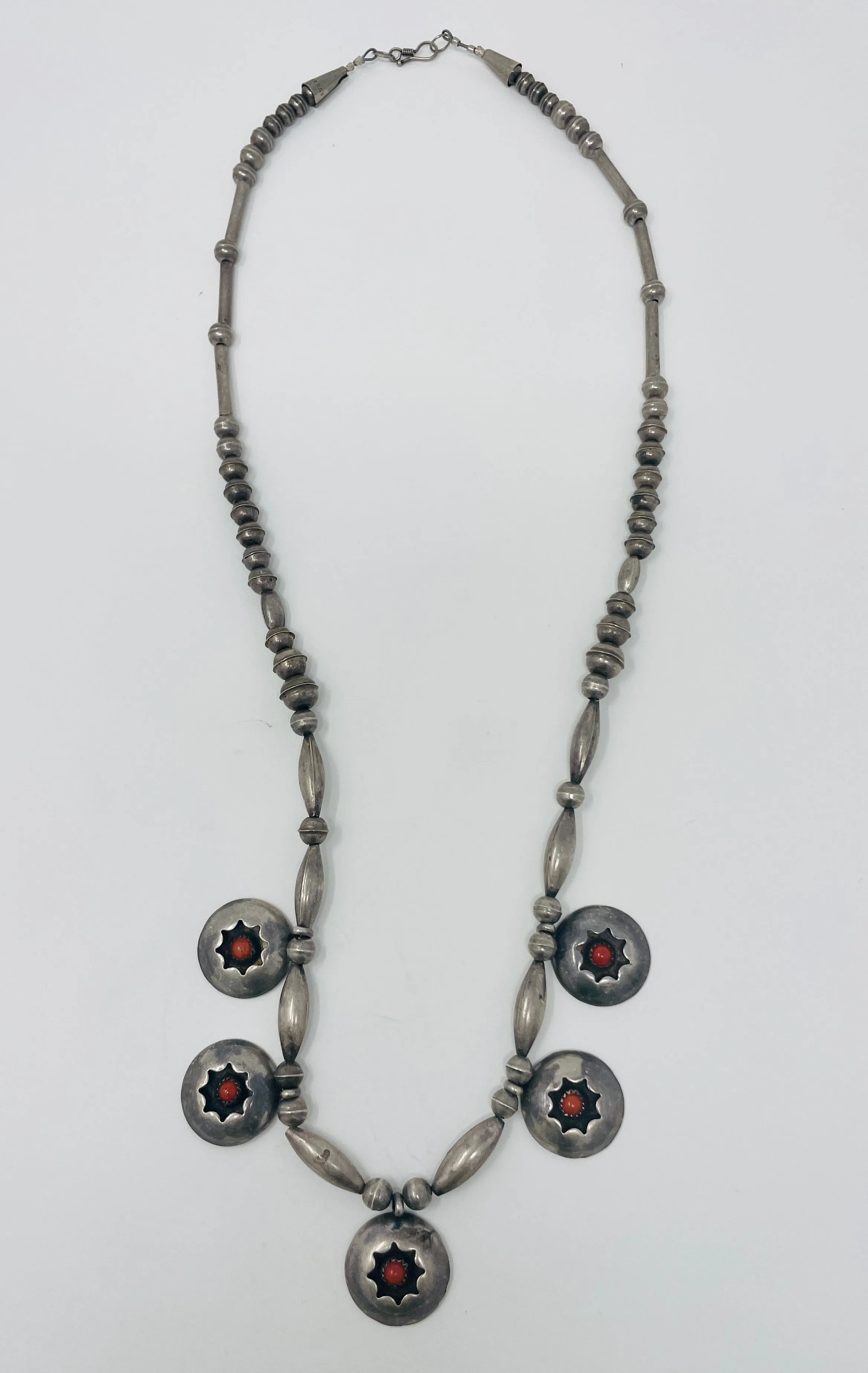 Navajo Pearl Necklace with 5 Coral Snake Eyes Shadow Box Pendants