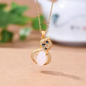 New Ancient Gold Craft Inlaid Natural Hotan White Jade Gourd Necklace