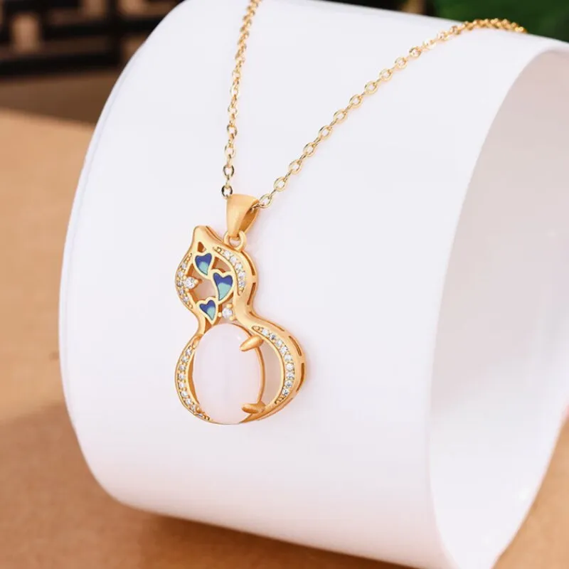 New Ancient Gold Craft Inlaid Natural Hotan White Jade Gourd Necklace