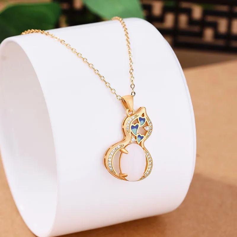New Ancient Gold Craft Inlaid Natural Hotan White Jade Gourd Necklace