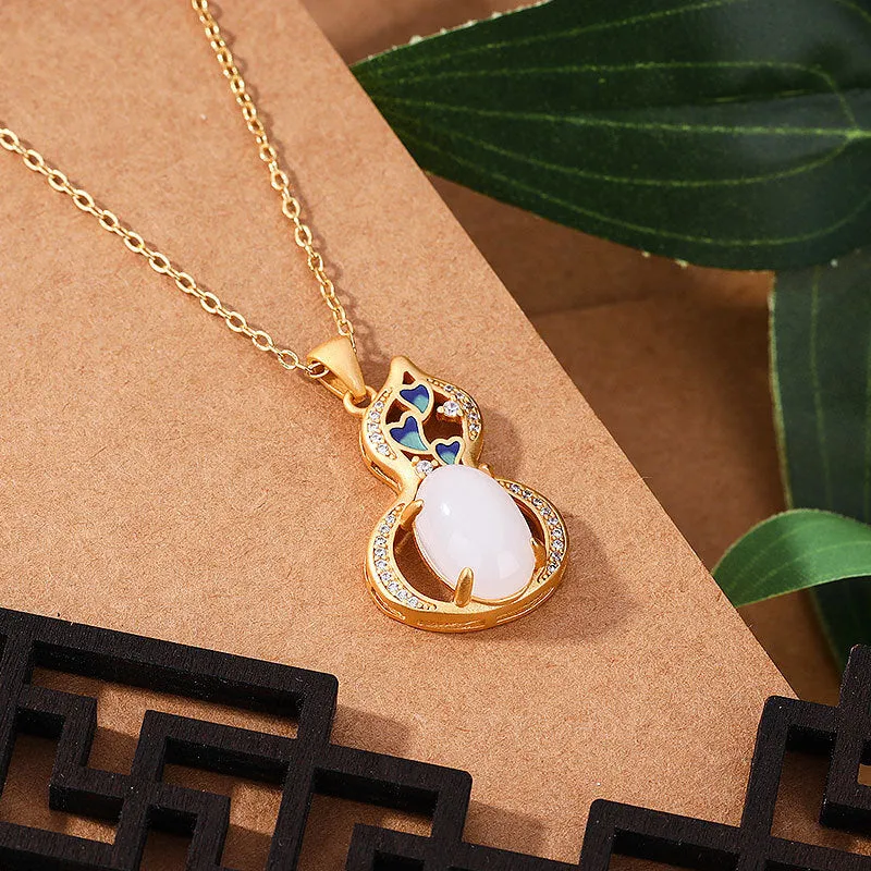 New Ancient Gold Craft Inlaid Natural Hotan White Jade Gourd Necklace