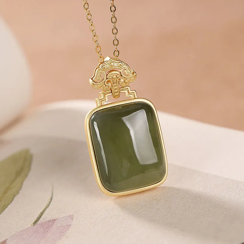 New inlaid natural Hetian green chalcedony square pendant necklace