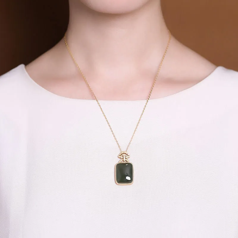 New inlaid natural Hetian green chalcedony square pendant necklace
