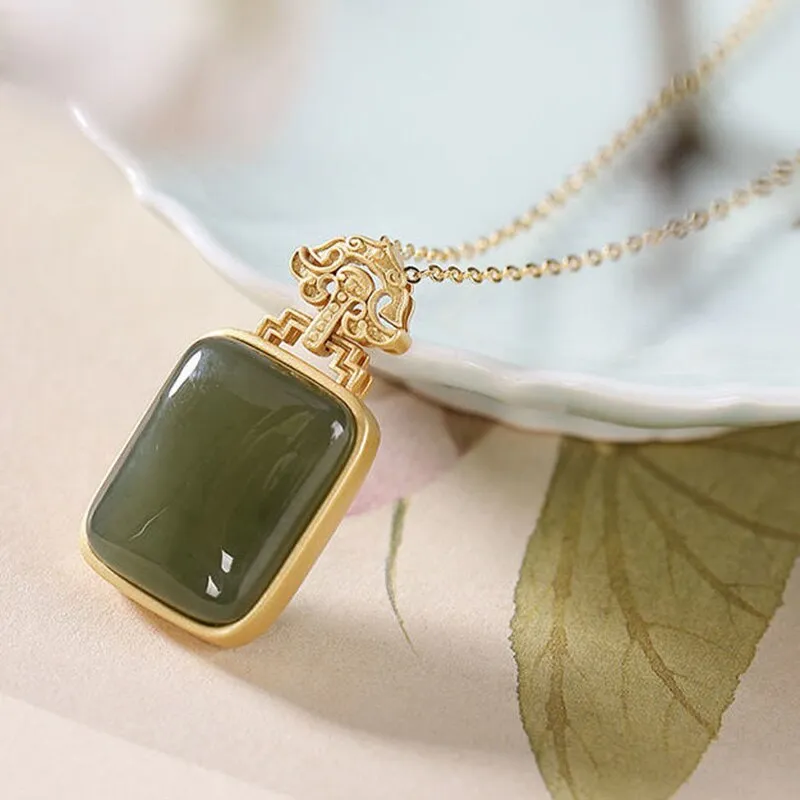 New inlaid natural Hetian green chalcedony square pendant necklace