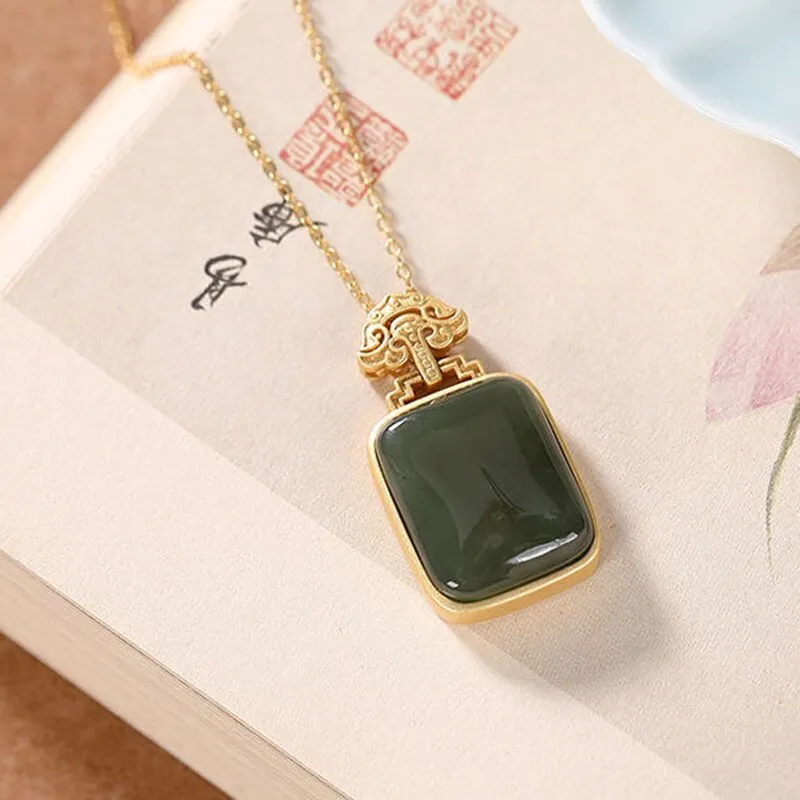New inlaid natural Hetian green chalcedony square pendant necklace