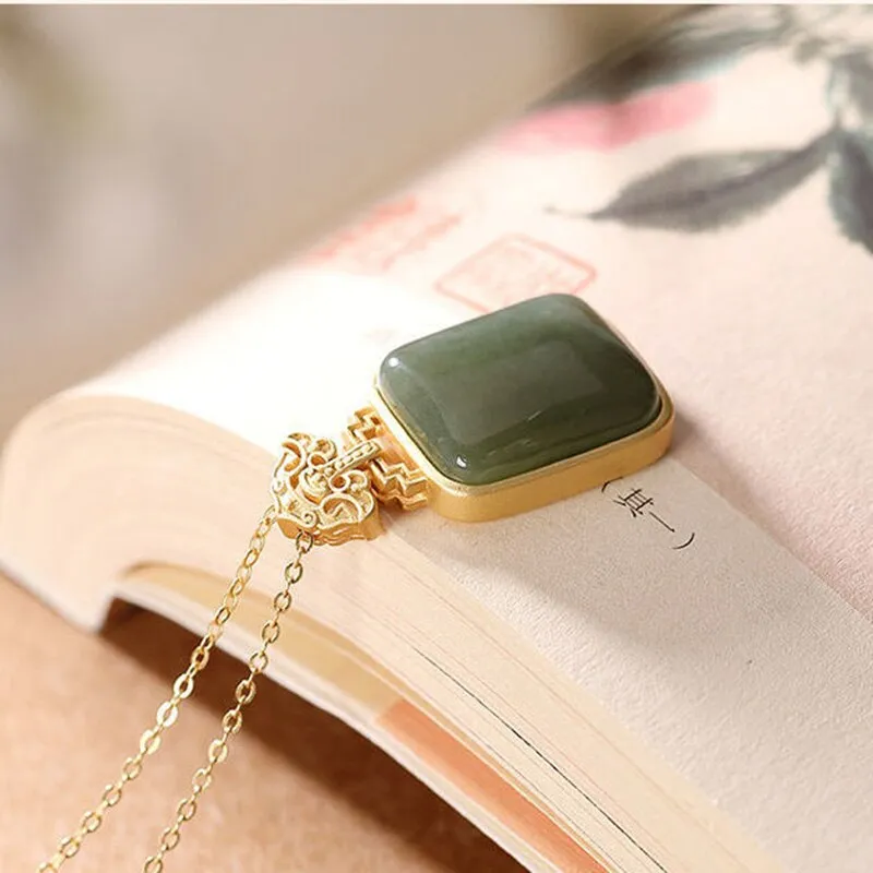 New inlaid natural Hetian green chalcedony square pendant necklace