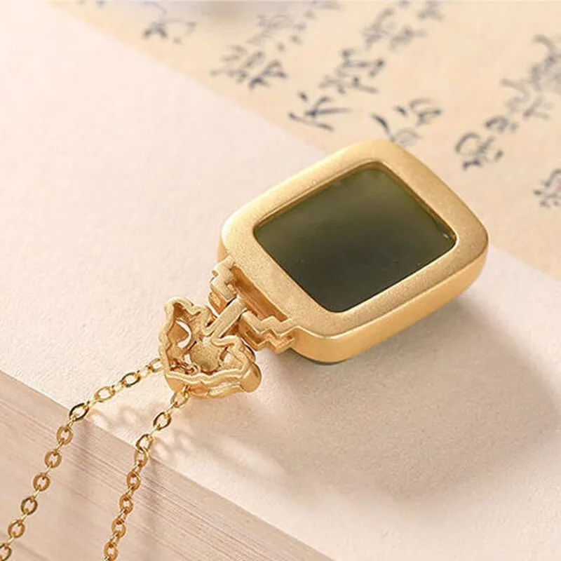 New inlaid natural Hetian green chalcedony square pendant necklace
