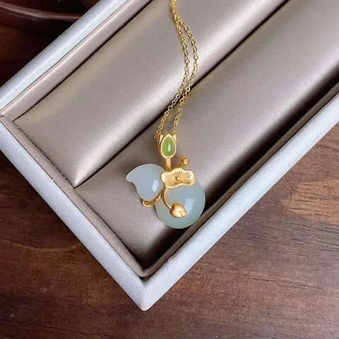New silver inlaid natural Hetian jade necklace Chinese style retro lotus leaf gourd Pendant