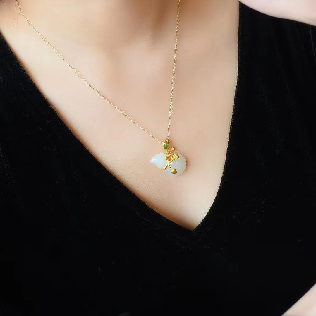New silver inlaid natural Hetian jade necklace Chinese style retro lotus leaf gourd Pendant