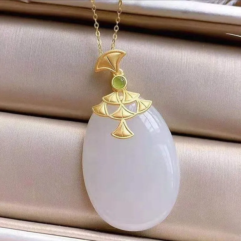 New silver natural Hetian white jade pendant necklace