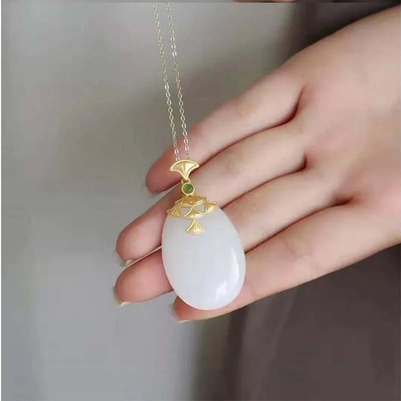 New silver natural Hetian white jade pendant necklace
