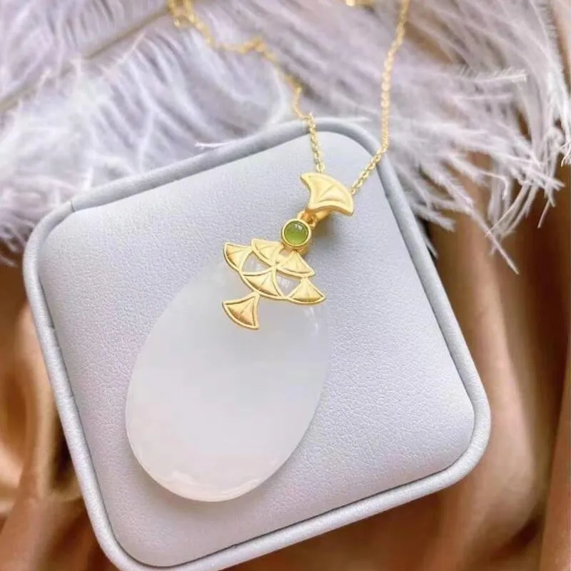 New silver natural Hetian white jade pendant necklace
