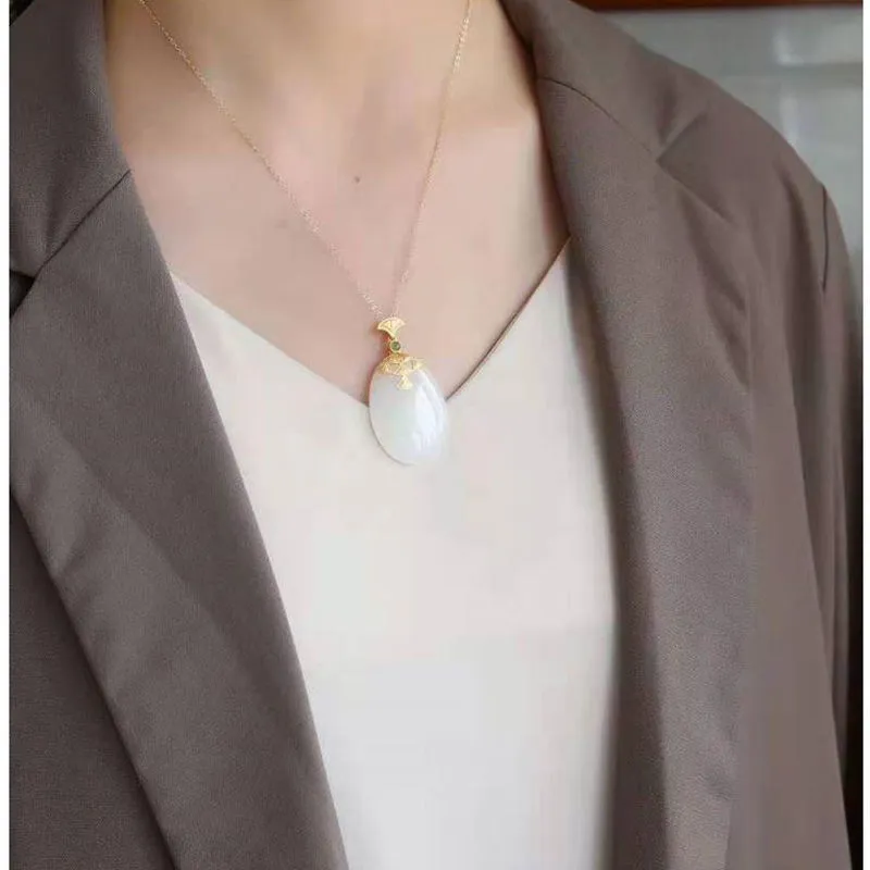 New silver natural Hetian white jade pendant necklace
