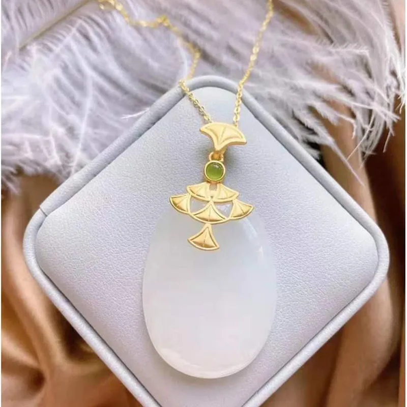 New silver natural Hetian white jade pendant necklace