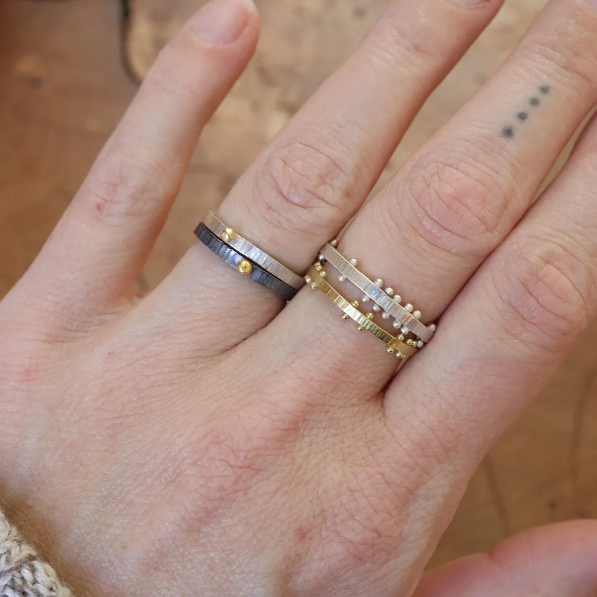 Oxidized Sterling Silver Textured with Gold Ball Stacking Ring