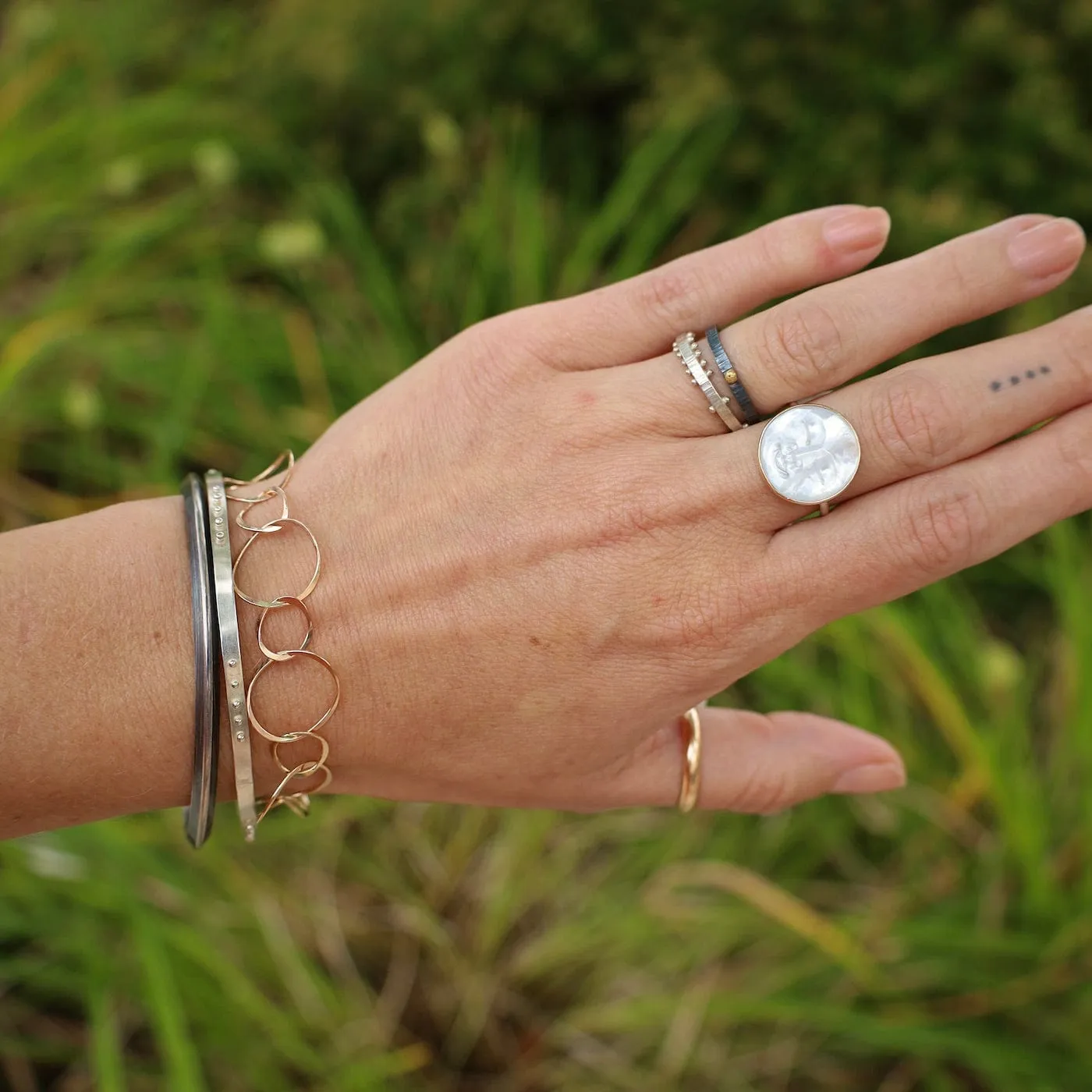 Oxidized Sterling Silver Textured with Gold Ball Stacking Ring