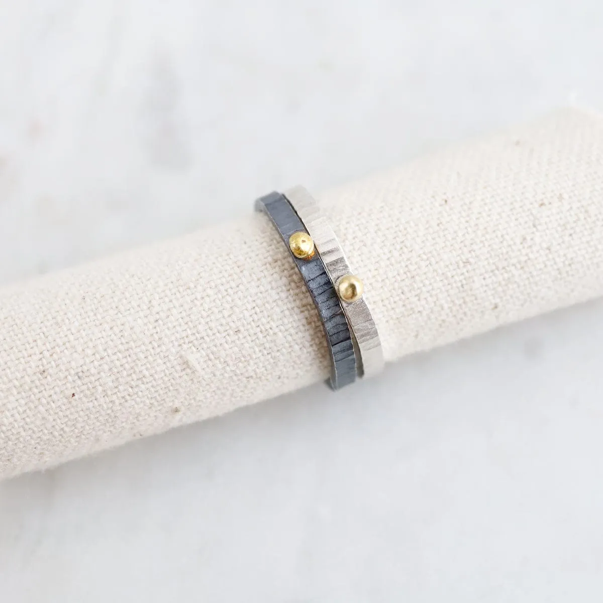 Oxidized Sterling Silver Textured with Gold Ball Stacking Ring