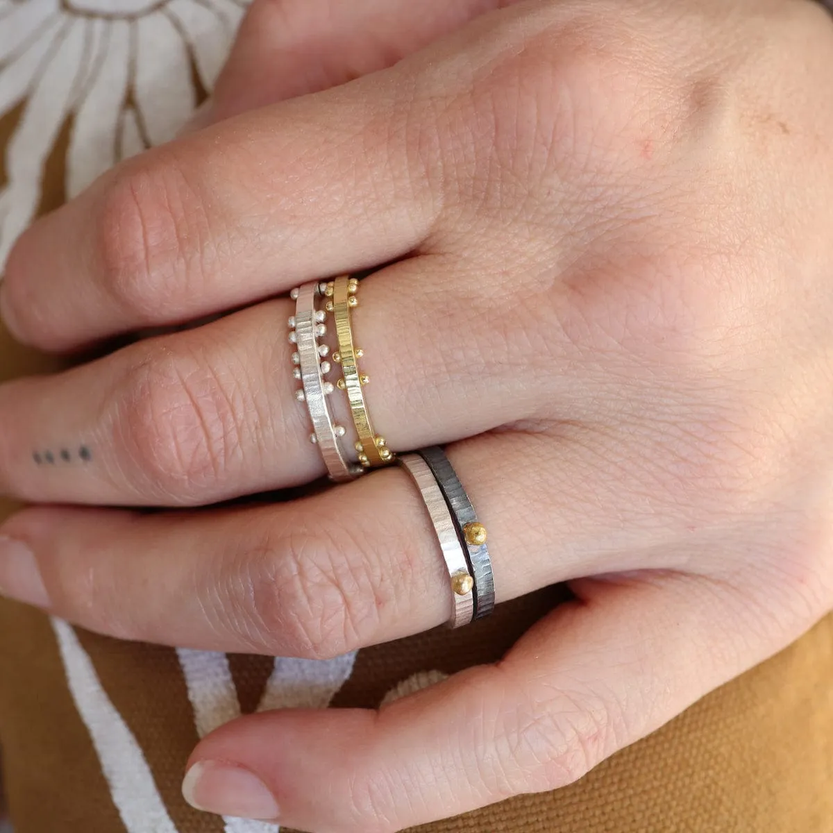 Oxidized Sterling Silver Textured with Gold Ball Stacking Ring