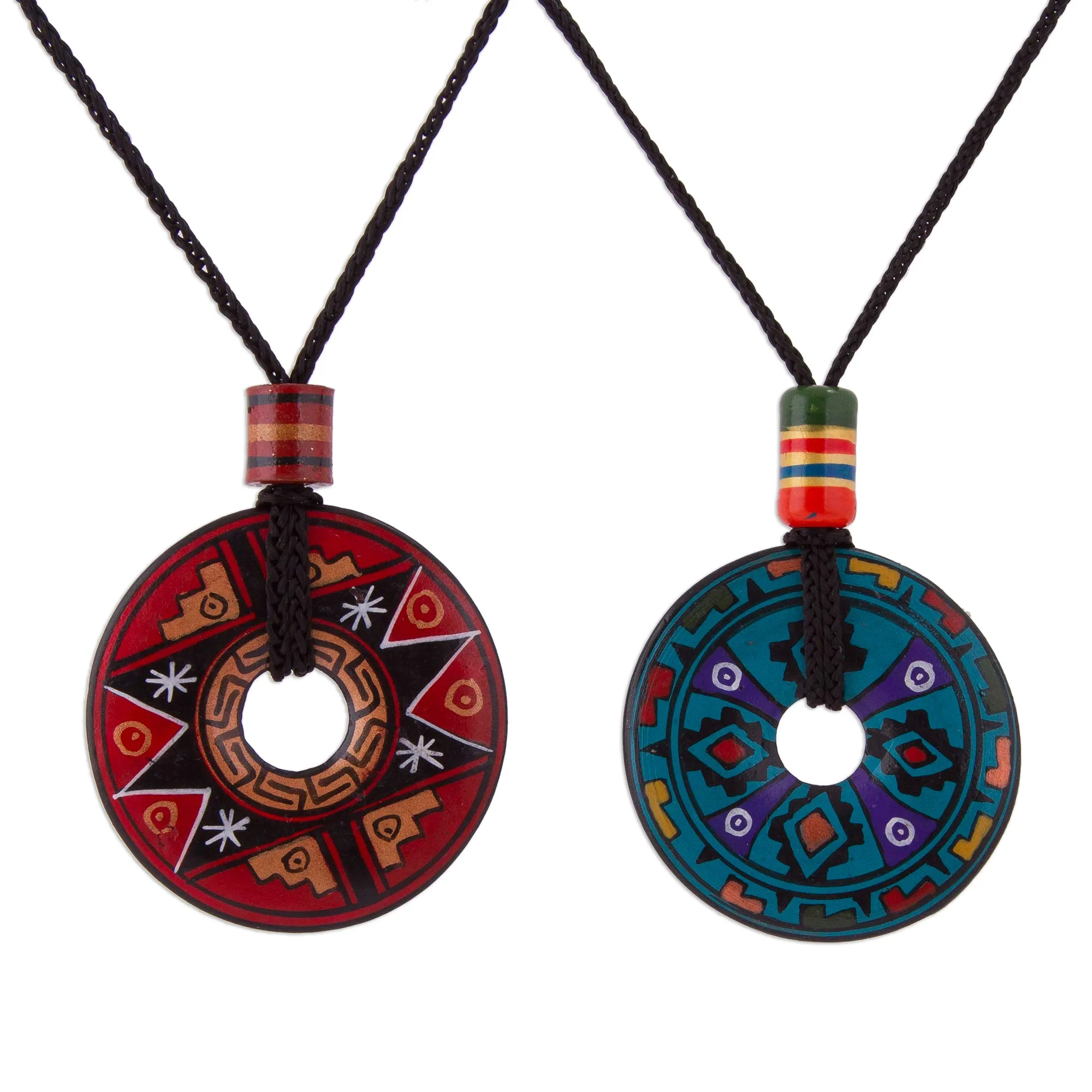 Pair of Red and Blue Ceramic Pendant Necklaces from Peru - Sun and Rain | NOVICA