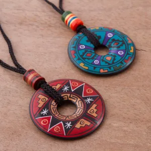 Pair of Red and Blue Ceramic Pendant Necklaces from Peru - Sun and Rain | NOVICA