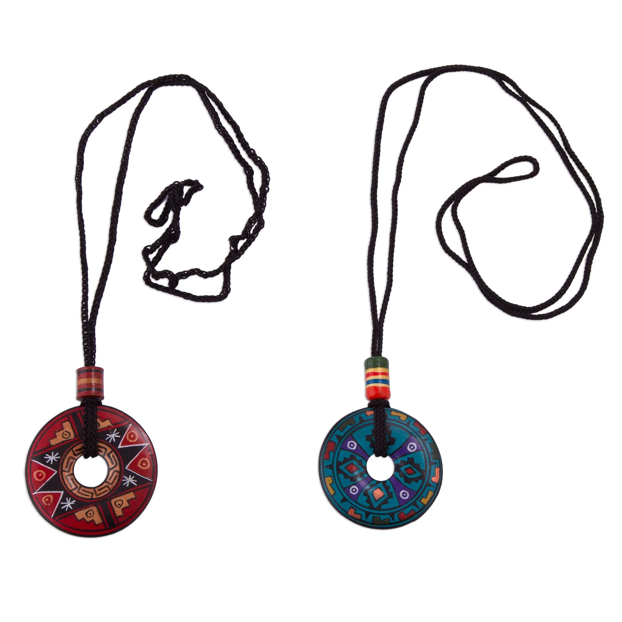 Pair of Red and Blue Ceramic Pendant Necklaces from Peru - Sun and Rain | NOVICA