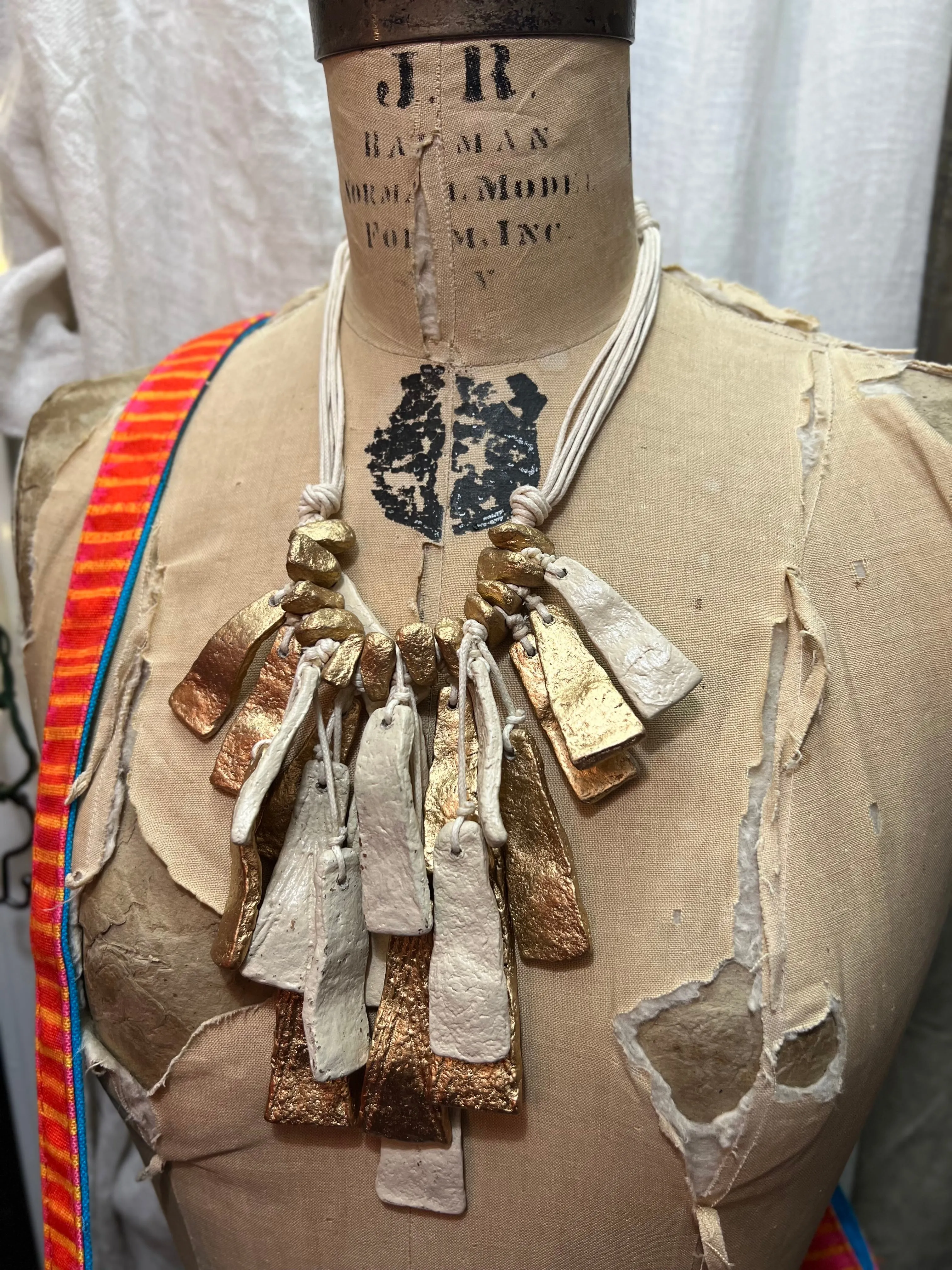 Paper Mache Artdeco Necklace-Gold/Cream