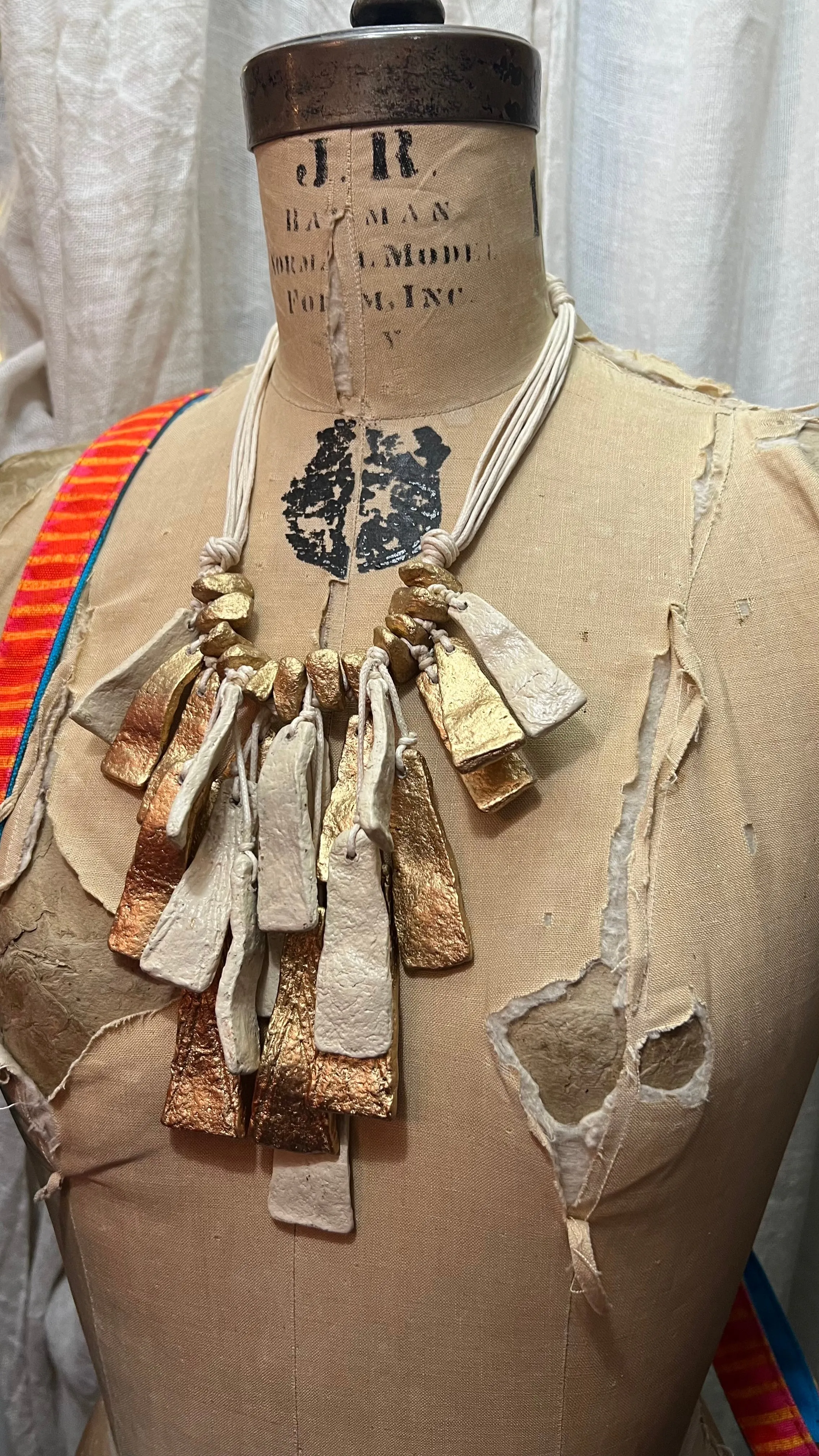 Paper Mache Artdeco Necklace-Gold/Cream