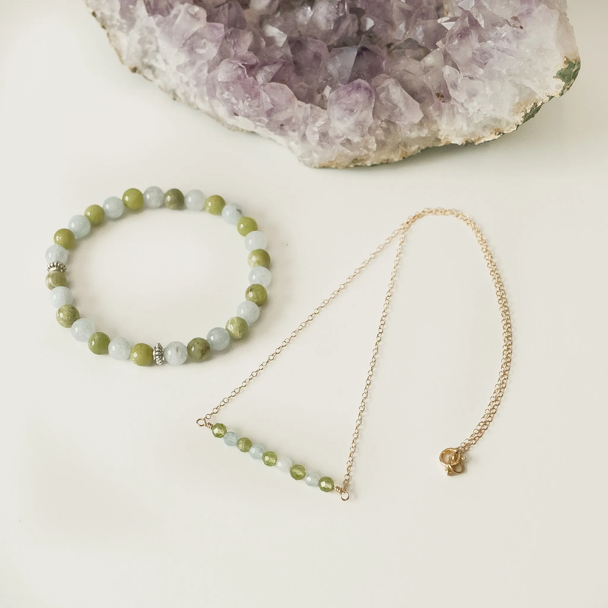 Peridot & Aquamarine Gemstone Bar Necklace