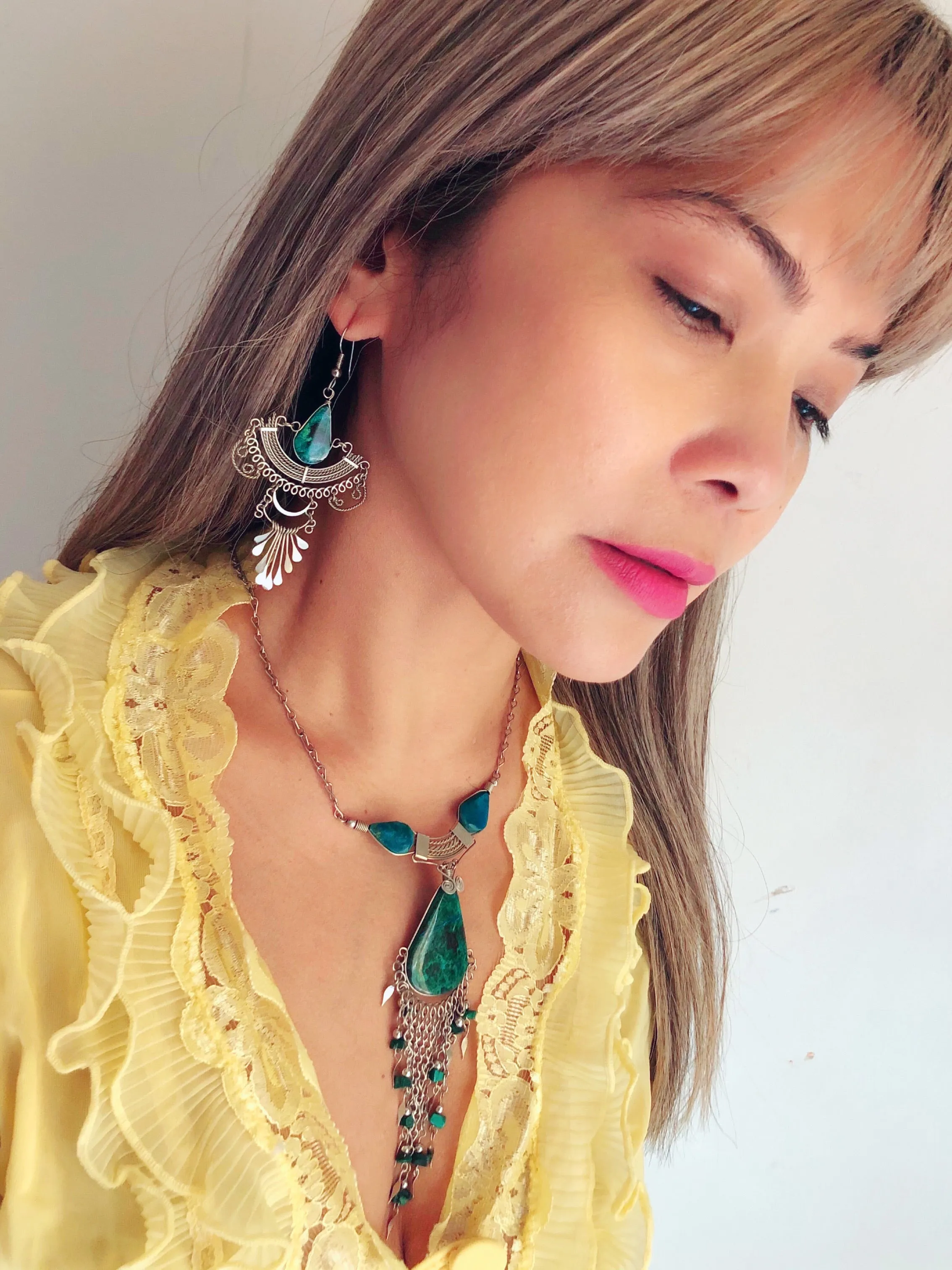 Peruvian Chrysocolla Fringe Necklace and Ear Pendants