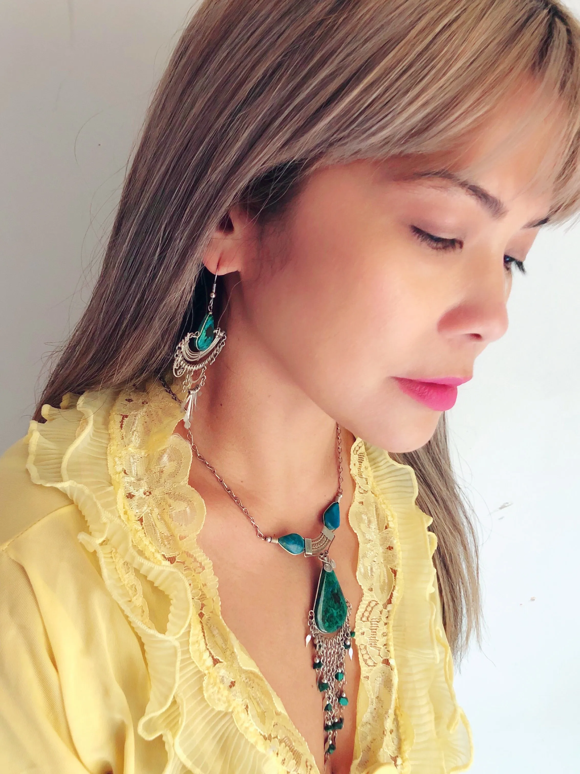 Peruvian Chrysocolla Fringe Necklace and Ear Pendants