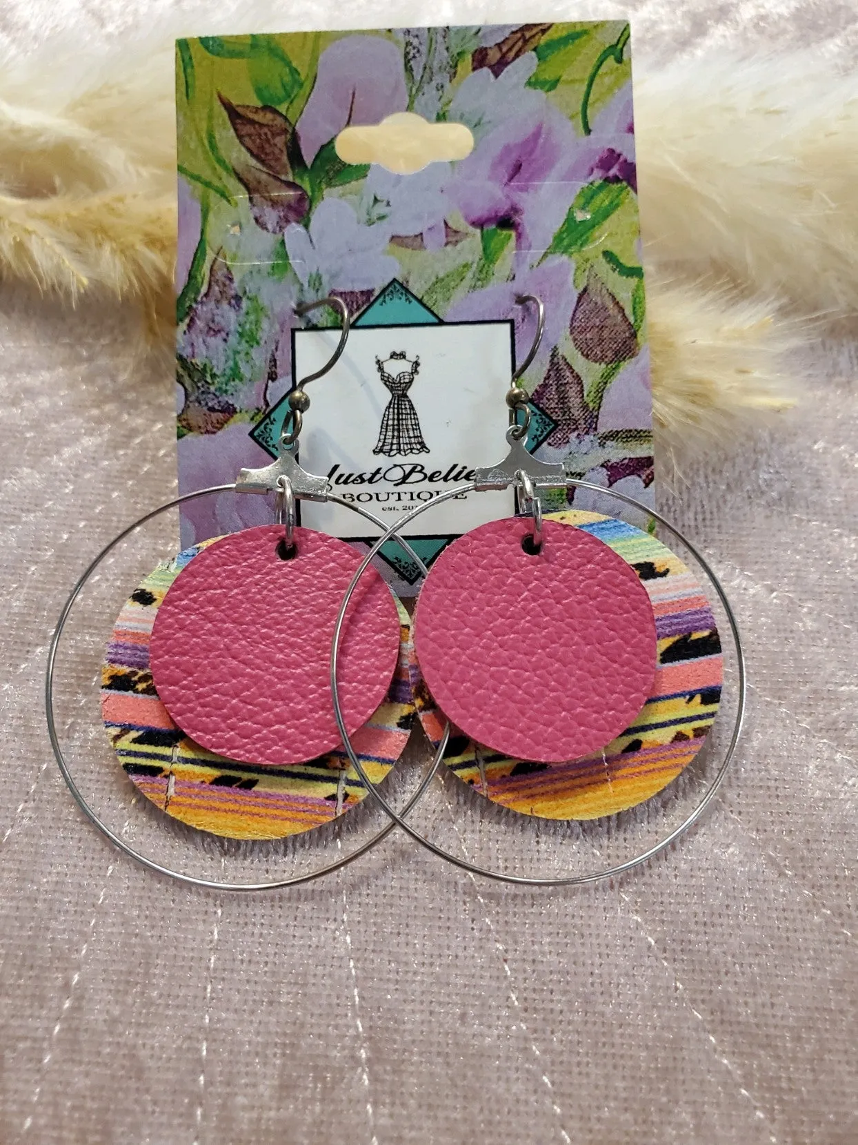 Pink Leather & Silver Hoops