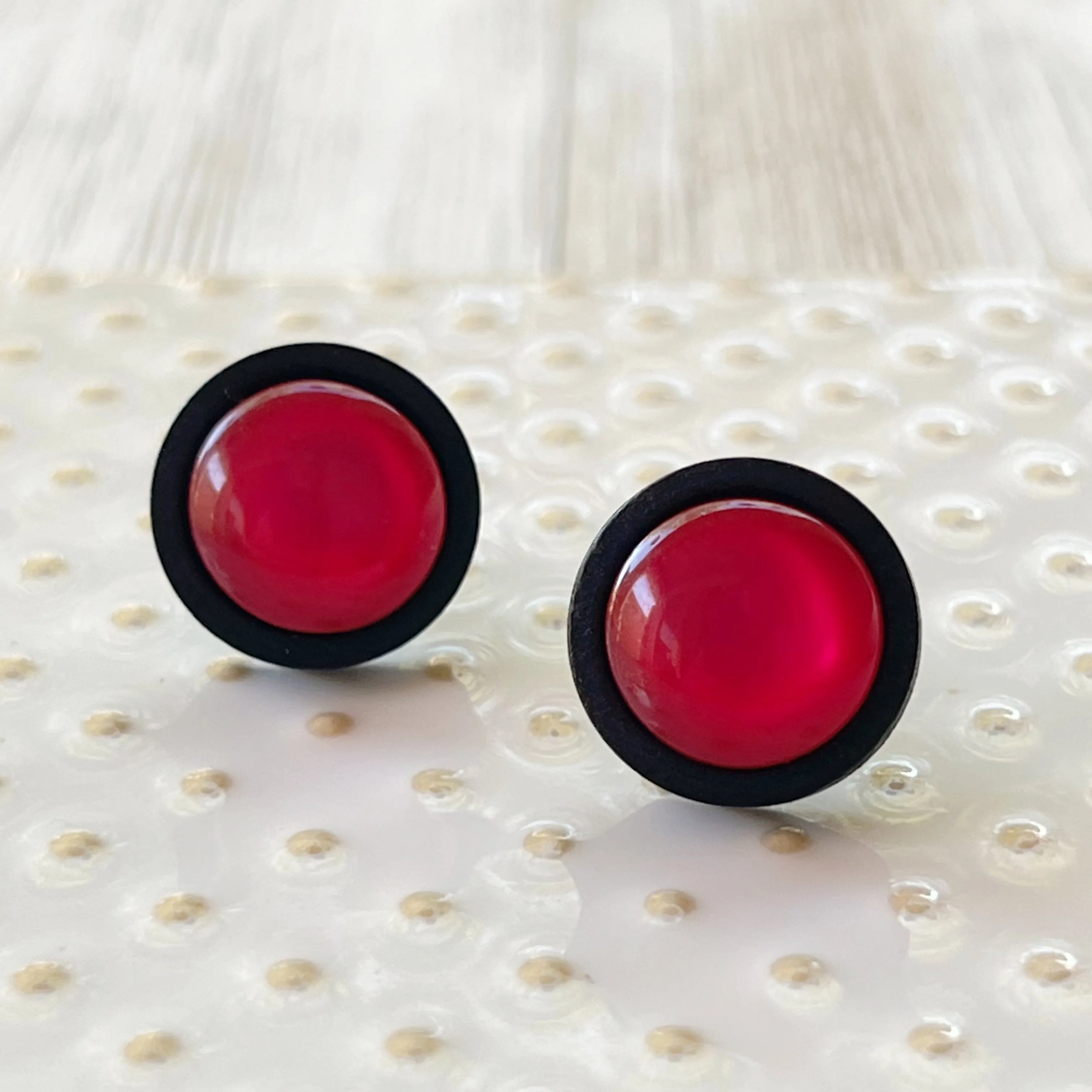 Pink Resin Black Wood Unisex Stud Earrings - Unique & Stylish Accessories