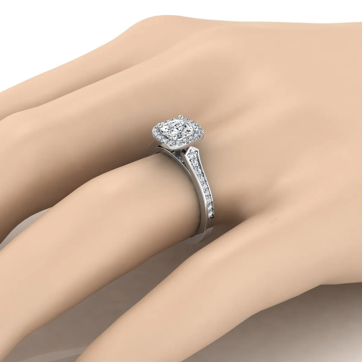 Platinum Cushion Diamond Classic Halo with Channel French Pave Engagement RIng  -1/3ctw