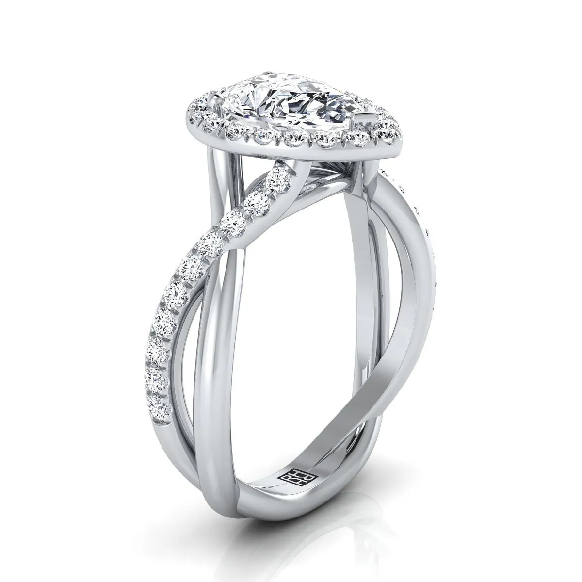Platinum Pear Shape Center Diamond Twisted Vine Halo Engagement Ring -1/2ctw
