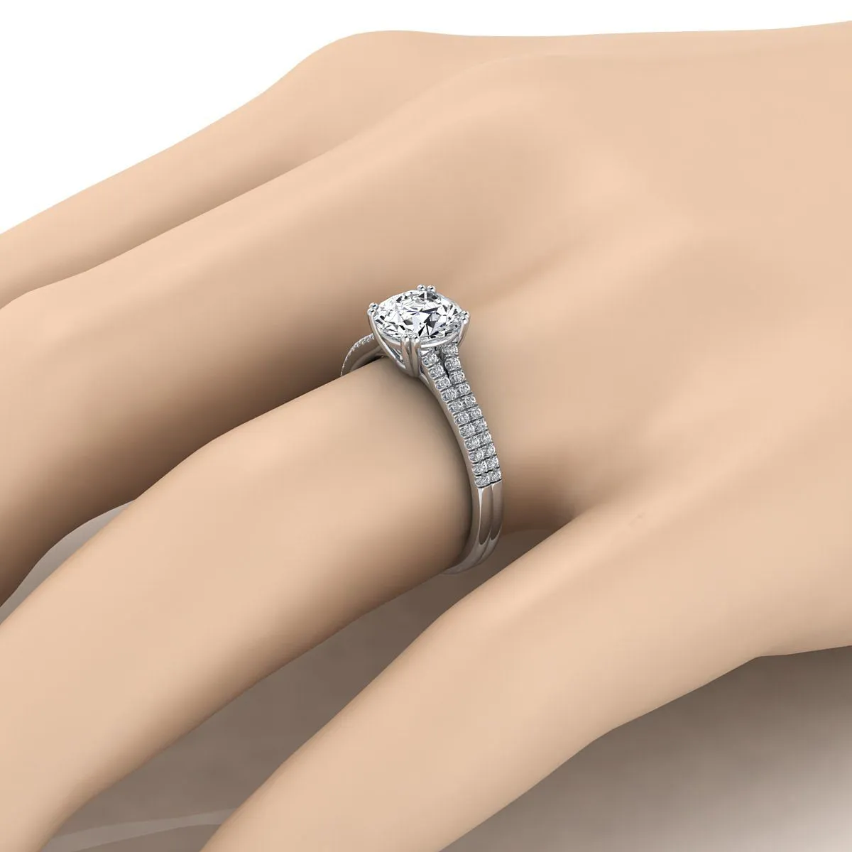 Platinum Round Brilliant Amethyst Double Row Double Prong French Pave Diamond Engagement Ring -1/6ctw
