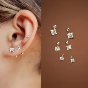 Princess Cut Stud Earrings (3 pairs)