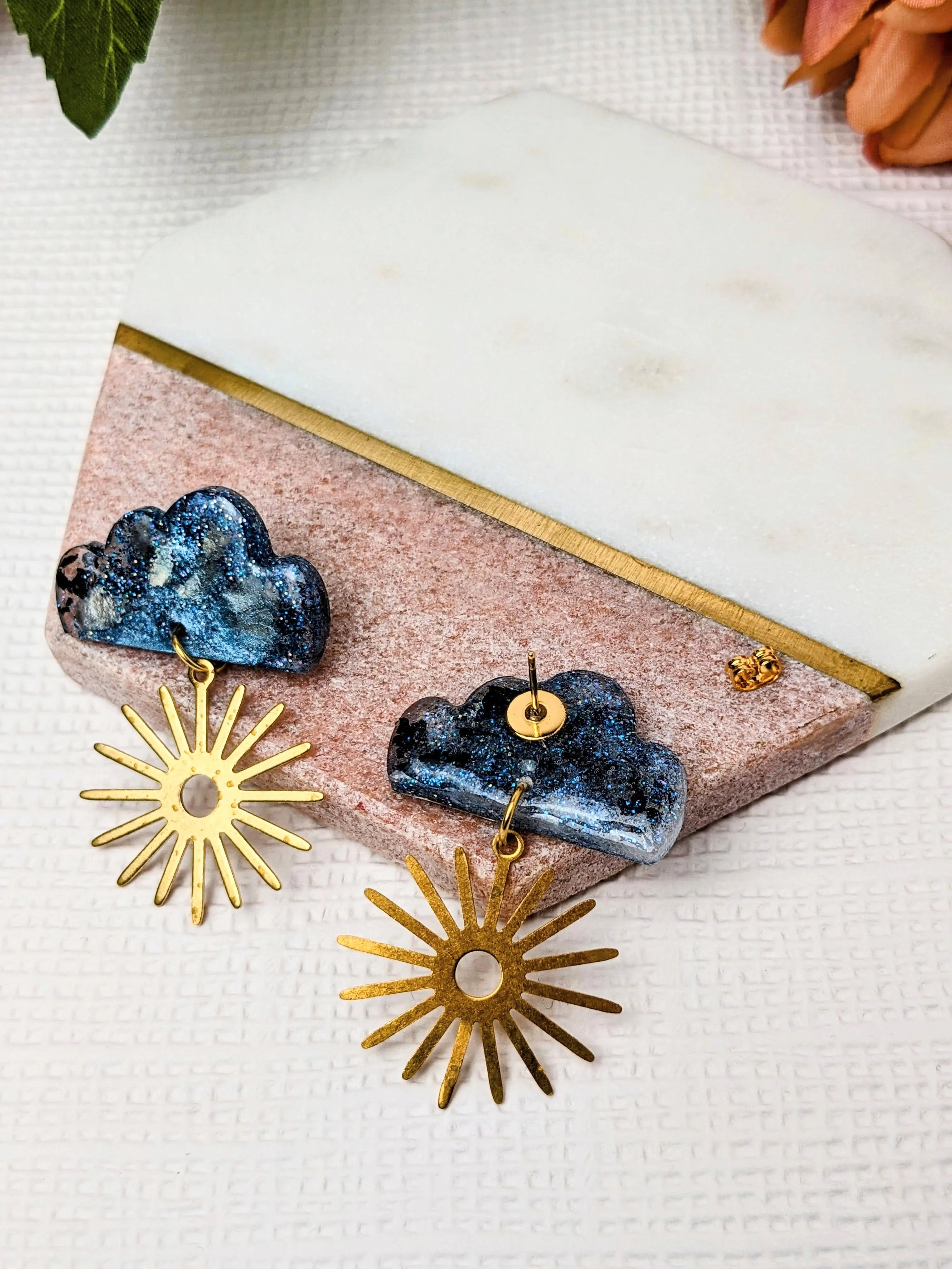 "Megha" Moon Stud Earrings with Sun Brass Charm