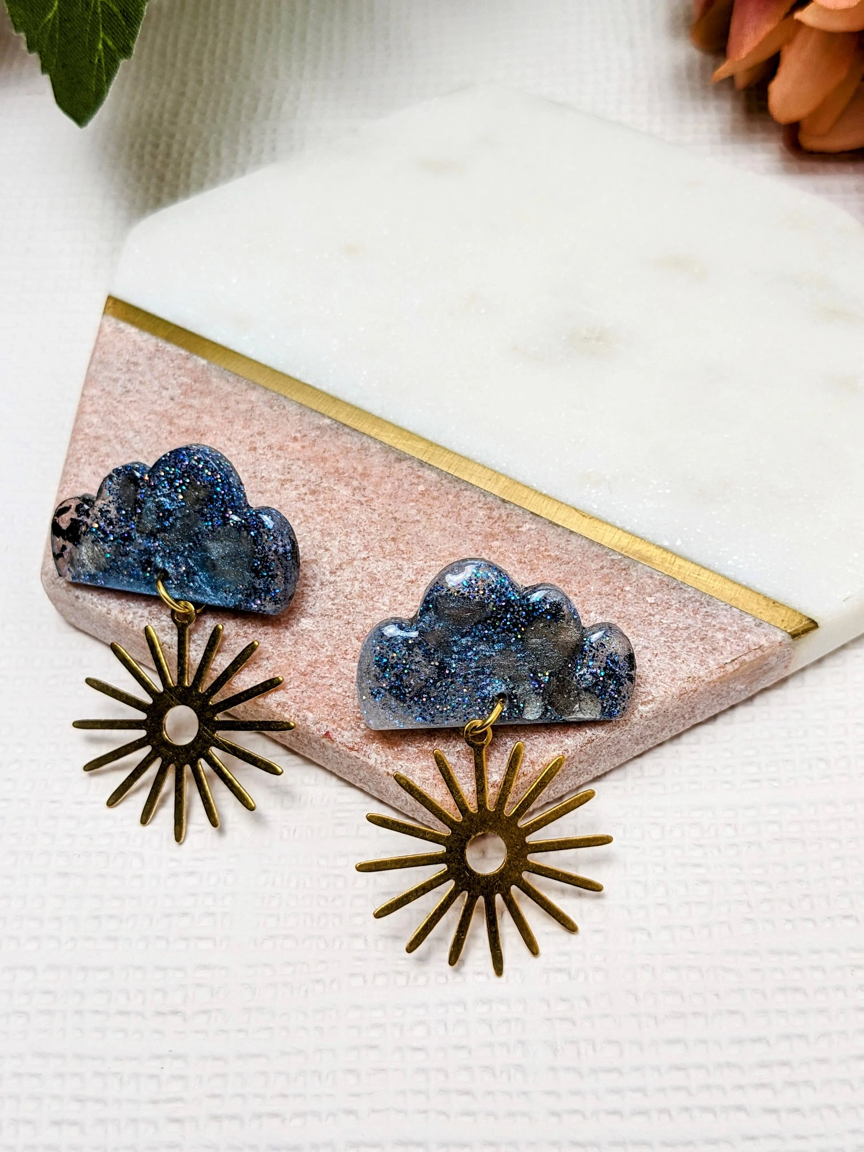 "Megha" Moon Stud Earrings with Sun Brass Charm