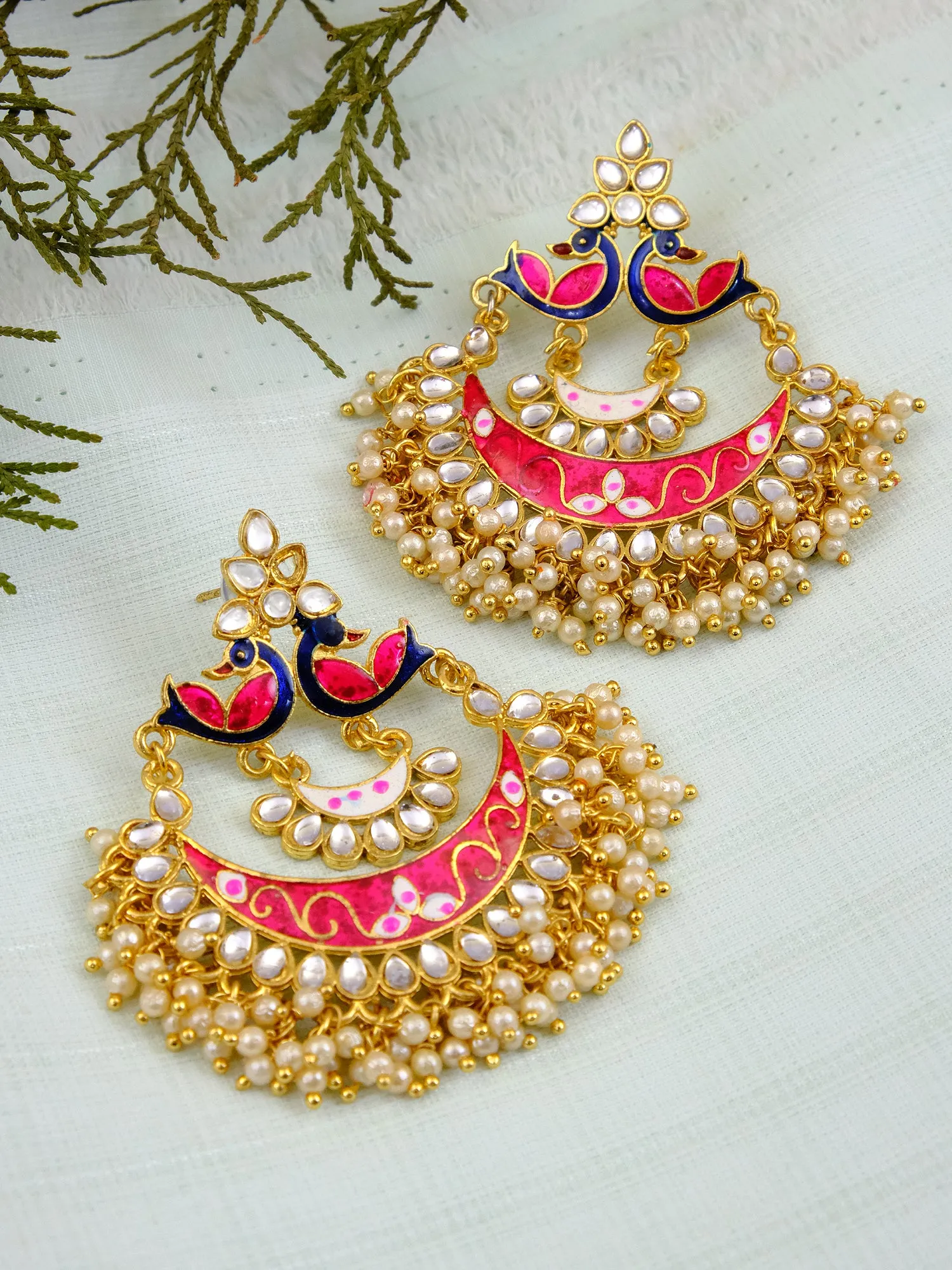 RAE1241 New Design Long Earrings for Women: Royal Gold-plated Stone Danglers with Pearls