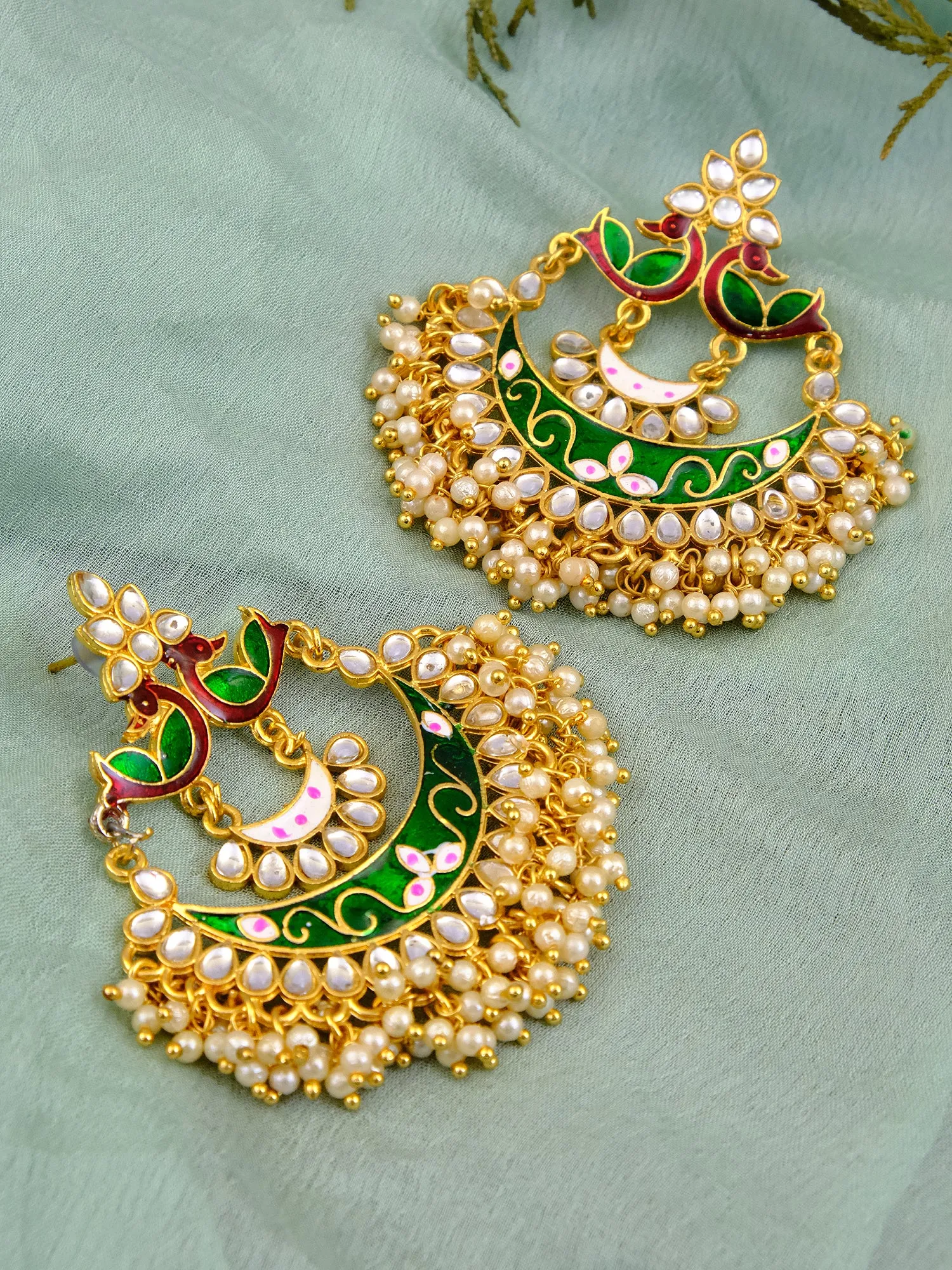 RAE1241 New Design Long Earrings for Women: Royal Gold-plated Stone Danglers with Pearls