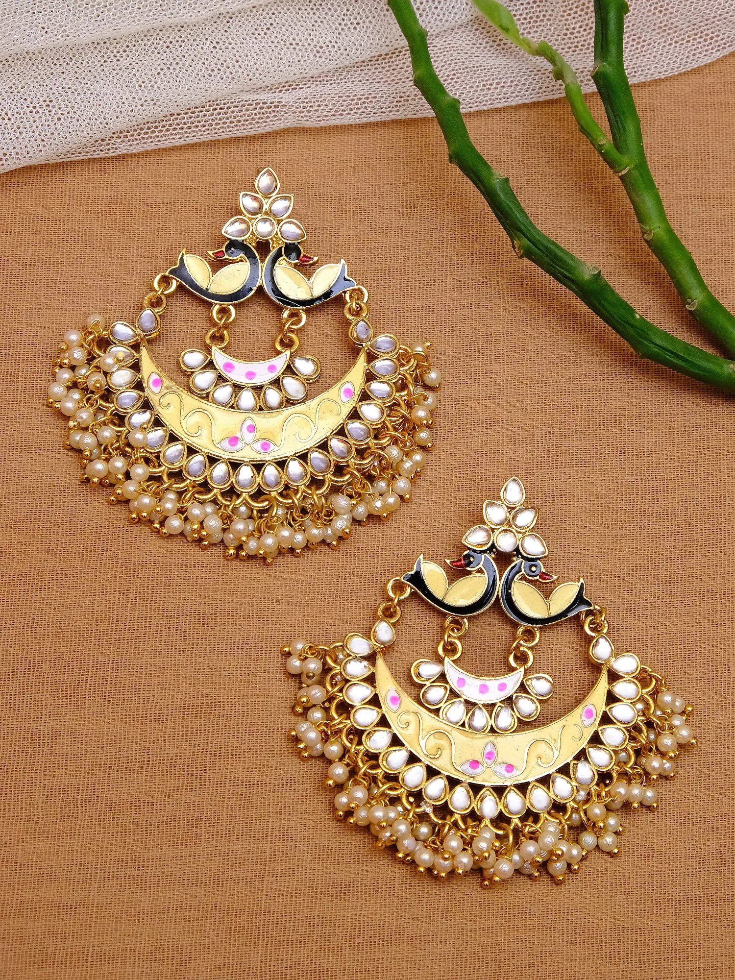 RAE1241 New Design Long Earrings for Women: Royal Gold-plated Stone Danglers with Pearls